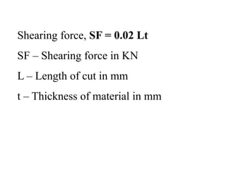 Shearing force, SF = 0.02 Lt
SF – Shearing force in KN
L – Length of cut in mm
t – Thickness of material in mm
 