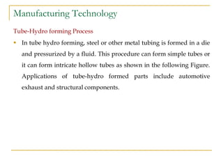 Manufacturing Technology
Tube-Hydro forming Process
 In tube hydro forming, steel or other metal tubing is formed in a die
and pressurized by a fluid. This procedure can form simple tubes or
it can form intricate hollow tubes as shown in the following Figure.
Applications of tube-hydro formed parts include automotive
exhaust and structural components.
 