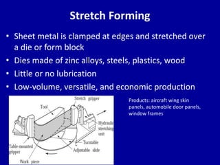 Stretch Forming
• Sheet metal is clamped at edges and stretched over
a die or form block
• Dies made of zinc alloys, steels, plastics, wood
• Little or no lubrication
• Low-volume, versatile, and economic production
Products: aircraft wing skin
panels, automobile door panels,
window frames
 