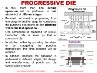 PROGRESSIVE DIE
• In this, more than one cutting
operation will be performed in one
stroke but at different stages.
• Punched out sheet is progressing from
one stage to another stage for completing
the punching operations so that Blanking
will be the last operation.
• One component is produced for stroke.
Production rate is same as that of
compound die.
• In addition, either by providing the shear
or by staggering the punches
methodology, the force required will be
reduced.
• In addition, because the operation is
performed at different stages, the design
and manufacturing of punch and die
combination is easier.
ME 8351 MANUFACTURING TECHNOLOGY -1 S.BALAMURUGAN, AP/MECHANICAL, AAACET
 