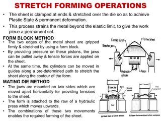 STRETCH FORMING OPERATIONS
• The sheet is clamped at ends & stretched over the die so as to achieve
Plastic State & permanent deformation.
• This process strains the metal beyond the elastic limit, to give the work
piece a permanent set.
FORM BLOCK METHOD
• The two edges of the metal sheet are gripped
firmly & stretched by using a form block.
• By providing pressure on these pistons, the jaws
can be pulled away & tensile forces are applied on
the sheet.
• At the same time, the cylinders can be moved in
guides along a pre-determined path to stretch the
sheet along the contour of the form.
MATING DIE METHOD
• The jaws are mounted on two sides which are
moved apart horizontally for providing tensions
to the sheet.
• The form is attached to the raw of a hydraulic
press which moves upwards.
• The combinations of these two movements
enables the required forming of the sheet.
 