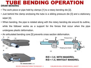TUBE BENDING OPERATIONDRAW BENDING
• The work piece or pipe held by clamps [1] to a rotary bending die [2].
• Just behind the clamp enclosing the tube is a sliding pressure die [3] and a stationary
wiper [4].
• When bending, the pipe is rotated along with the rotary bending die around its outline,
while the follower works as a support for the forces that occur when the pipe
undergoes plastic deformation.
• An articulated bending core [5] prevents cross section deformation.
ME 8351 MANUFACTURING TECHNOLOGY -1 S.BALAMURUGAN, AP/MECHANICAL, AAACET
R/D < 3.0, WITH MANDREL
R/D < 1.5, WIHTOUT MANDREL
 