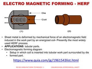 https://www.quia.com/jg/1961543list.html
• Sheet metal is deformed by mechanical force of an electromagnetic field
induced in the work part by an energized coil- Presently the most widely
used HERF process.
• APPLICATIONS: tubular parts.
• Electromagnetic forming diagram
• Setup in which coil is inserted into tubular work part surrounded by die
• formed part.
ELECTRO MAGNETIC FORMING - HERF
ME 8351 MANUFACTURING TECHNOLOGY -1 S.BALAMURUGAN, AP/MECHANICAL, AAACET
 