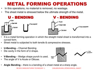 METAL FORMING OPERATIONS
• In this operations, no material is removed, no wastage.
• The sheet metal is stressed below the ultimate strength of the metal.
U - BENDING V - BENDING
• It is a metal forming operation in which the straight metal sheet is transformed into a
curved form.
• Sheet metal is subjected to both tensile & compressive stresses.
• U-Bending – Channel Bending
• Die cavity in the form of U shape.
• V-Bending – Wedge shape punch is used.
• The angle of V is Acute or Obtuse.
• Angle Bending – there is a bending of a sheet metal at a sharp angle.
ME 8351 MANUFACTURING TECHNOLOGY -1 S.BALAMURUGAN, AP/MECHANICAL, AAACET
 