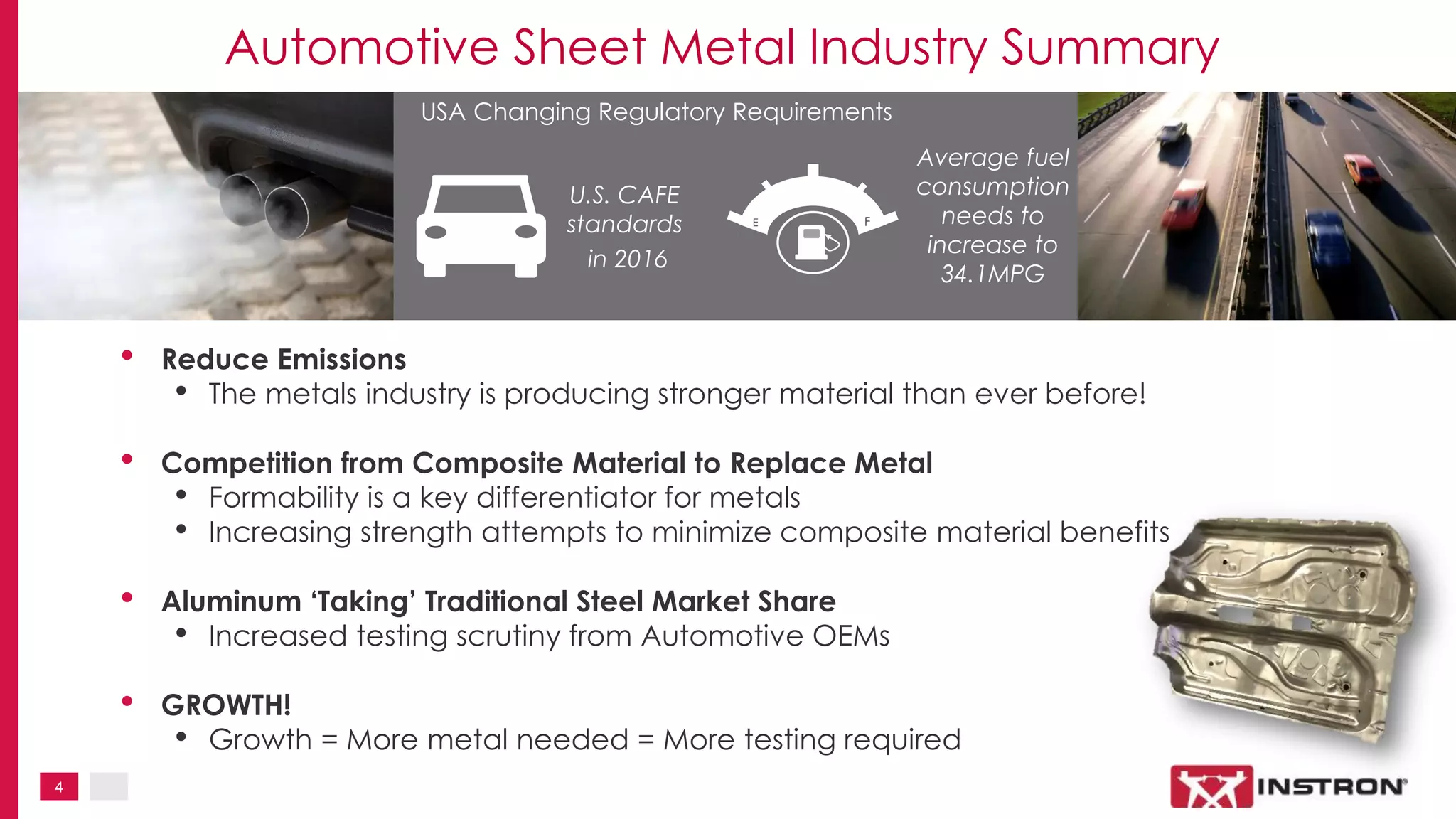 4
Automotive Sheet Metal Industry Summary
• Reduce Emissions
• The metals industry is producing stronger material than ever before!
• Competition from Composite Material to Replace Metal
• Formability is a key differentiator for metals
• Increasing strength attempts to minimize composite material benefits
• Aluminum ‘Taking’ Traditional Steel Market Share
• Increased testing scrutiny from Automotive OEMs
• GROWTH!
• Growth = More metal needed = More testing required
E F
USA Changing Regulatory Requirements
U.S. CAFE
standards
in 2016
Average fuel
consumption
needs to
increase to
34.1MPG
E F
USA Changing Regulatory Requirements
U.S. CAFE
standards
in 2016
Average fuel
consumption
needs to
increase to
34.1MPG
 