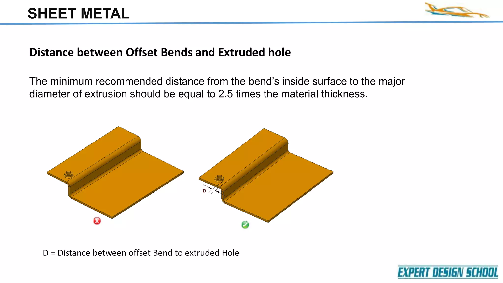 SHEET METAL
Distance between Offset Bends and Extruded hole
The minimum recommended distance from the bend’s inside surface to the major
diameter of extrusion should be equal to 2.5 times the material thickness.
D = Distance between offset Bend to extruded Hole
 