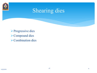 Progressive dies
Compound dies
Combination dies
Shearing dies
12/31/2016
JIT 15
 