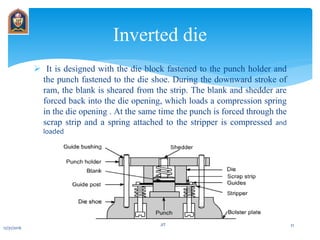  It is designed with the die block fastened to the punch holder and
the punch fastened to the die shoe. During the downward stroke of
ram, the blank is sheared from the strip. The blank and shedder are
forced back into the die opening, which loads a compression spring
in the die opening . At the same time the punch is forced through the
scrap strip and a spring attached to the stripper is compressed and
loaded
Inverted die
12/31/2016
JIT 21
 