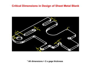 Critical Dimensions in Design of Sheet Metal Blank



                                       *



                     *                             *
     *


 *
                                             *




                     *




           * All dimensions > 2 x gage thickness
 