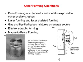 Other Forming Operations

 • Peen Forming – surface of sheet metal is exposed to
   compressive stresses
 • Laser forming and laser assisted forming
 • Gas and liquified gases mixtures as energy source
                                       (a)
 • Electrohydraulic forming
 • Magnetic-Pulse Forming
(b)

                   (a) Schematic illustration
                   of the magnetic-pulse
                   forming process used to
                   form a tube over a plug.
                   (b) Aluminum tube
                   collapsed over a hexagonal
                   plug by the magnetic-pulse
                   forming process.
 