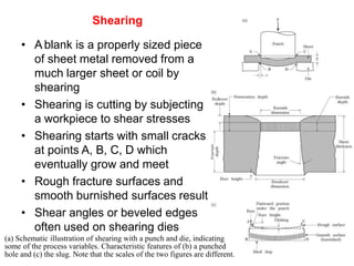 Shearing
• A blank is a properly sized piece
of sheet metal removed from a
much larger sheet or coil by
shearing
• Shearing is cutting by subjecting
a workpiece to shear stresses
• Shearing starts with small cracks
at points A, B, C, D which
eventually grow and meet
• Rough fracture surfaces and
smooth burnished surfaces result
• Shear angles or beveled edges
often used on shearing dies
(a) Schematic illustration of shearing with a punch and die, indicating
some of the process variables. Characteristic features of (b) a punched
hole and (c) the slug. Note that the scales of the two figures are different.
 