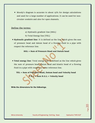 Minia University Faculty of Engineering- Civil Eng. Dept. Hydraulics“HYD 313”
Page
20
 Moody’s diagram is accurate to about 15% for design calculations
and used for a large number of applications. It can be used for non-
circular conduits and also for open channels.
Define the terms:
a) Hydraulic gradient line [HGL]
b) Total Energy line [TEL]
 Hydraulic gradient line: It is defined as the line which gives the sum
of pressure head and datum head of a flowing fluid in a pipe with
respect the reference line.
HGL = Sum of Pressure Head and Datum head
 Total energy line: Total energy line is defined as the line which gives
the sum of pressure head, datum head and kinetic head of a flowing
fluid in a pipe with respect to some reference line.
TEL = Sum of Pressure Head, Datum head and Velocity head
T.E.L = Sum H.G.L + Velocity head
Write the dimensions for the followings.
 