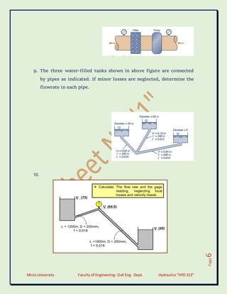 Minia University Faculty of Engineering- Civil Eng. Dept. Hydraulics“HYD 313”
Page
6
9. The three water-filled tanks shown in above figure are connected
by pipes as indicated. If minor losses are neglected, determine the
flowrate in each pipe.
10.
(45)
(75)
(64.5)



L = 1200m, D = 200mm,
f = 0.018
L =1800m, D = 200mm,
f = 0.018
 Calculate: The flow rate and the gage
reading, neglecting local
losses and velocity heads.
 