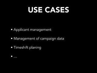 USE CASES
• Applicant management
• Management of campaign data
• Timeshift planing
• …
 