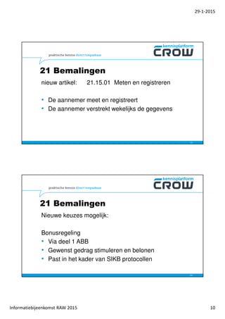 29-1-2015
Informatiebijeenkomst RAW 2015 10
21 Bemalingen
nieuw artikel: 21.15.01 Meten en registreren
• De aannemer meet en registreert
• De aannemer verstrekt wekelijks de gegevens
19
21 Bemalingen
Nieuwe keuzes mogelijk:
Bonusregeling
• Via deel 1 ABB
• Gewenst gedrag stimuleren en belonen
• Past in het kader van SIKB protocollen
20
 