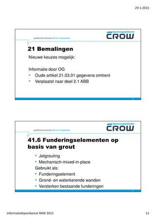 29-1-2015
Informatiebijeenkomst RAW 2015 11
21 Bemalingen
Nieuwe keuzes mogelijk:
Informatie door OG
• Oude artikel 21.03.01 gegevens omtrent
• Verplaatst naar deel 2.1 ABB
21
41.6 Funderingselementen op
basis van grout
• Jetgrouting
• Mechanisch-mixed-in-place
Gebruikt als:
• Funderingselement
• Grond- en waterkerende wanden
• Versterken bestaande funderingen
22
 