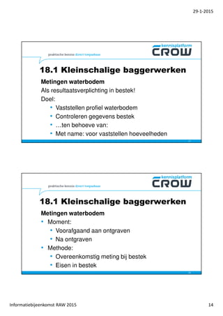 29-1-2015
Informatiebijeenkomst RAW 2015 14
Metingen waterbodem
Als resultaatsverplichting in bestek!
Doel:
• Vaststellen profiel waterbodem
• Controleren gegevens bestek
• …ten behoeve van:
• Met name: voor vaststellen hoeveelheden
27
18.1 Kleinschalige baggerwerken
Metingen waterbodem
• Moment:
• Voorafgaand aan ontgraven
• Na ontgraven
• Methode:
• Overeenkomstig meting bij bestek
• Eisen in bestek
28
18.1 Kleinschalige baggerwerken
 