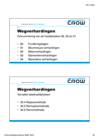 29-1-2015
Informatiebijeenkomst RAW 2015 16
Wegverhardingen
Omnummering van de hoofdstukken 28, 30 en 31
• 80 Funderingslagen
• 81 Bitumineuze verhardingen
• 82 Betonverhardingen
• 83 Elementenverhardingen
• 84 Bijzondere verhardingen
31
Wegverhardingen
Vervallen deelhoofdstukken:
• 30.4 Repavemethode
• 30.5 Remixplusmethode
• 30.6 Remixmethode
32
 