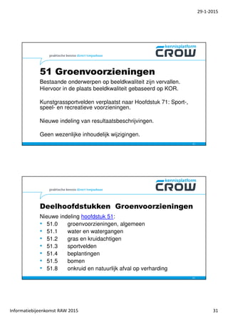 29-1-2015
Informatiebijeenkomst RAW 2015 31
Bestaande onderwerpen op beeldkwaliteit zijn vervallen.
Hiervoor in de plaats beeldkwaliteit gebaseerd op KOR.
Kunstgrassportvelden verplaatst naar Hoofdstuk 71: Sport-,
speel- en recreatieve voorzieningen.
Nieuwe indeling van resultaatsbeschrijvingen.
Geen wezenlijke inhoudelijk wijzigingen.
51 Groenvoorzieningen
61
Deelhoofdstukken Groenvoorzieningen
Nieuwe indeling hoofdstuk 51:
• 51.0 groenvoorzieningen, algemeen
• 51.1 water en watergangen
• 51.2 gras en kruidachtigen
• 51.3 sportvelden
• 51.4 beplantingen
• 51.5 bomen
• 51.8 onkruid en natuurlijk afval op verharding
62
 