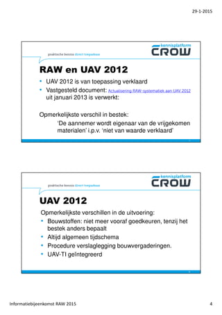 29-1-2015
Informatiebijeenkomst RAW 2015 4
RAW en UAV 2012
• UAV 2012 is van toepassing verklaard
• Vastgesteld document: Actualisering RAW-systematiek aan UAV 2012
uit januari 2013 is verwerkt:
Opmerkelijkste verschil in bestek:
‘De aannemer wordt eigenaar van de vrijgekomen
materialen’ i.p.v. ‘niet van waarde verklaard’
7
Opmerkelijkste verschillen in de uitvoering:
• Bouwstoffen: niet meer vooraf goedkeuren, tenzij het
bestek anders bepaalt
• Altijd algemeen tijdschema
• Procedure verslaglegging bouwvergaderingen.
• UAV-TI geïntegreerd
UAV 2012
8
 