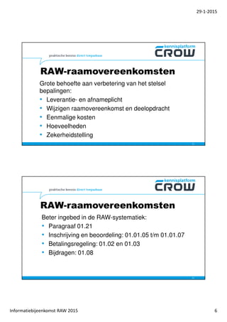 29-1-2015
Informatiebijeenkomst RAW 2015 6
Grote behoefte aan verbetering van het stelsel
bepalingen:
• Leverantie- en afnameplicht
• Wijzigen raamovereenkomst en deelopdracht
• Eenmalige kosten
• Hoeveelheden
• Zekerheidstelling
11
RAW-raamovereenkomsten
RAW-raamovereenkomsten
Beter ingebed in de RAW-systematiek:
• Paragraaf 01.21
• Inschrijving en beoordeling: 01.01.05 t/m 01.01.07
• Betalingsregeling: 01.02 en 01.03
• Bijdragen: 01.08
12
 
