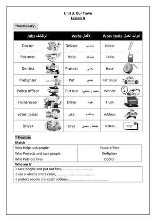 Unit 3: Our Town 
Lesson A 
*Vocabulary:- 
Jobs الوظائف Verbs الأفعال Work tools أدوات العمل 
Doctor 
Deliver يوصل ladder 
Postman 
Help يساعد Radio 
Dentist 
Protect يحمي Hose 
firefighter 
Put يضع Patrol car 
Police officer 
Put out يخمد و يطفىء Whistle 
Hairdresser 
Drive يقود Truck 
veterinarian 
use يستخدم robbers 
Driver 
save يحفظ و يحمي letters 
* Practice: 
Match 
Who Helps sick people Police officer 
Who Protects and save people firefighter 
Who Puts out fires Doctor 
Who am I? 
-I save people and put out fires, …………………………….. 
-I use a whistle and a radio, …………………………………….. 
-I protect people and catch robbers, ………………………………………. 
 
