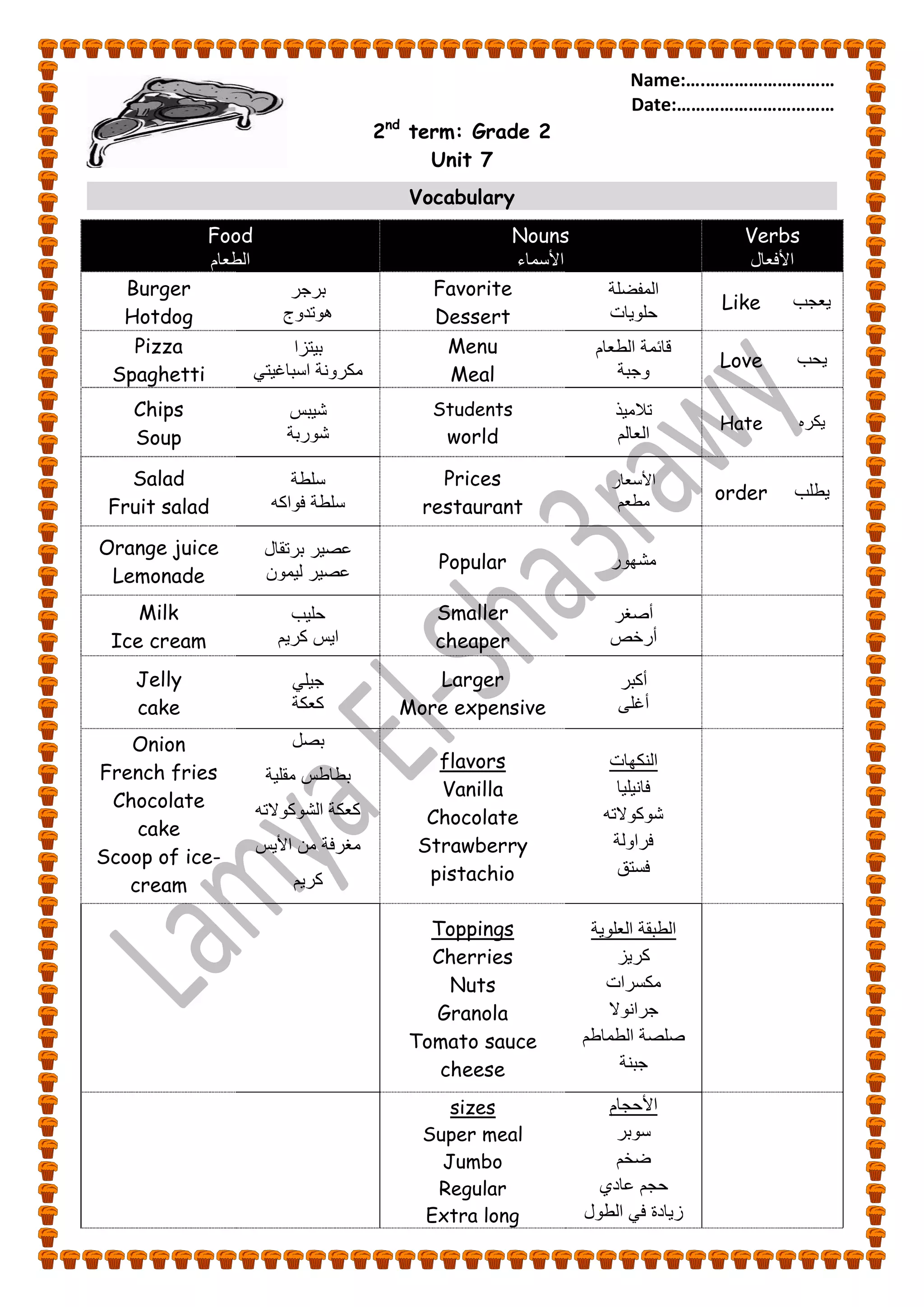 Name:….……………………… 
Date:…………………………… 
Grade 2 (Unit 7) 
2nd term: Grade 2 
Unit 7 
Vocabulary 
Food 
الطعام 
Nouns 
الأسماء 
Verbs 
الأفعال 
Burger 
Hotdog 
برجر 
هوتدوج 
Favorite 
Dessert 
المفضلة 
حلو اٌت Like عٌجب 
Pizza 
Spaghetti 
ب تٌزا 
مكرونة اسباغ تًٌ 
Menu 
Meal 
قائمة الطعام 
وجبة Love حٌب 
Chips 
Soup 
ش بٌس 
شوربة 
Students 
world 
تلام ذٌ 
العالم 
Hate كٌره 
Salad 
Fruit salad 
سلطة 
سلطة فواكه 
Prices 
restaurant 
الأسعار 
مطعم order طٌلب 
Orange juice 
Lemonade 
عص رٌ برتقال 
عص رٌ ل مٌون Popular مشهور 
Milk 
Ice cream 
حل بٌ 
ا سٌ كر مٌ 
Smaller 
cheaper 
أصغر 
أرخص 
Jelly 
cake 
ج لًٌ 
كعكة 
Larger 
More expensive 
أكبر 
أغلى 
Onion 
French fries 
Chocolate 
cake 
Scoop of ice-cream 
بصل 
بطاطس مقل ةٌ 
كعكة الشوكولاته 
مغرفة من الأ سٌ 
كر مٌ 
flavors 
Vanilla 
Chocolate 
Strawberry 
pistachio 
النكهات 
فان لٌ اٌ 
شوكولاته 
فراولة 
فستق 
Toppings 
Cherries 
Nuts 
Granola 
Tomato sauce 
cheese 
الطبقة العلو ةٌ 
كر زٌ 
مكسرات 
جرانولا 
صلصة الطماطم 
جبنة 
sizes 
Super meal 
Jumbo 
Regular 
Extra long 
الأحجام 
سوبر 
ضخم 
حجم عادي 
ز اٌدة ف الطول 
 