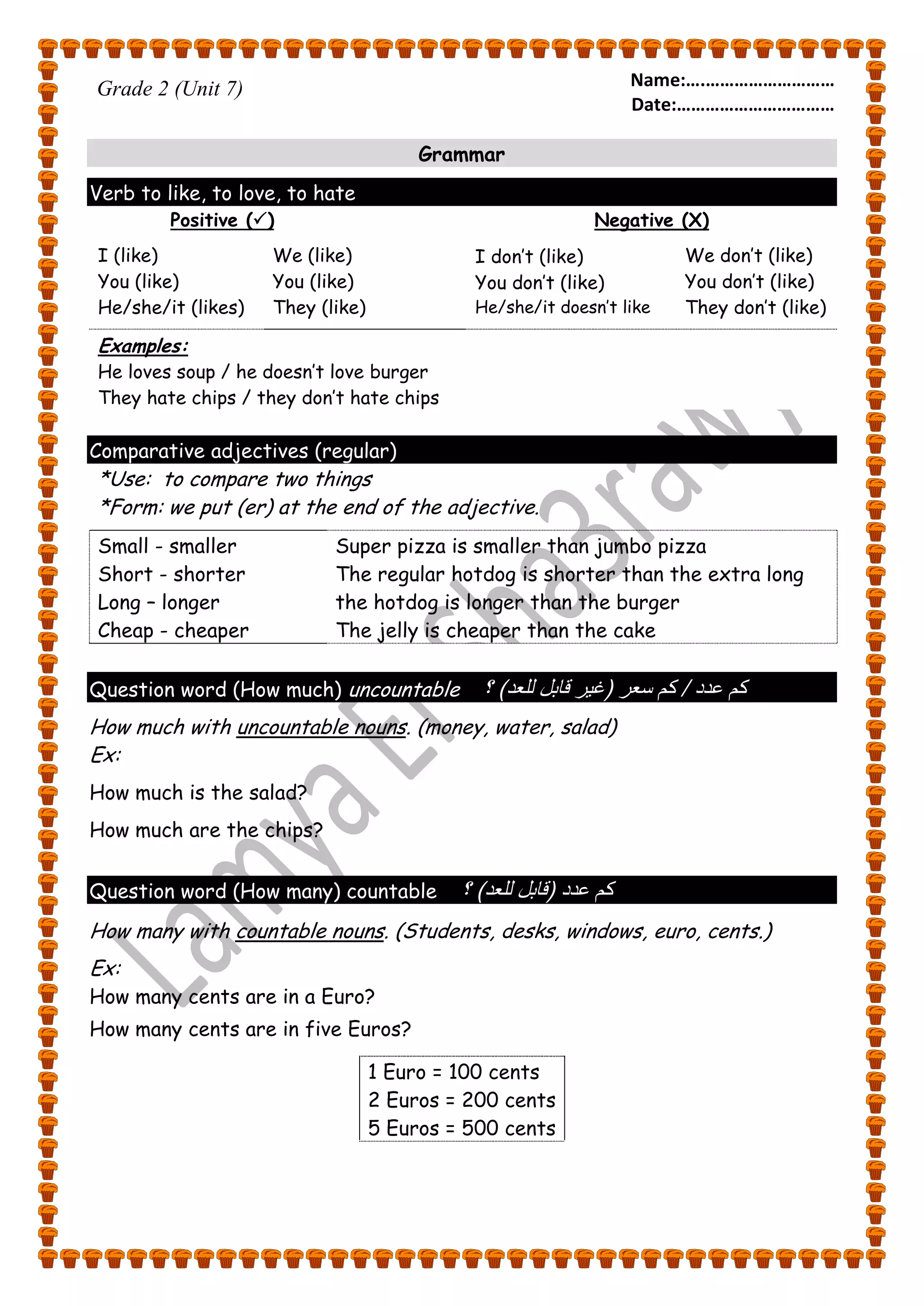 Name:….……………………… 
Date:…………………………… 
Grade 2 (Unit 7) 
Grammar 
Verb to like, to love, to hate 
Positive () Negative (X) 
I (like) 
You (like) 
He/she/it (likes) 
We (like) 
You (like) 
They (like) 
I don’t (like) 
You don’t (like) 
He/she/it doesn’t like 
We don’t (like) 
You don’t (like) 
They don’t (like) 
Examples: 
He loves soup / he doesn’t love burger 
They hate chips / they don’t hate chips 
Comparative adjectives (regular) 
*Use: to compare two things 
*Form: we put (er) at the end of the adjective. 
Small - smaller 
Short - shorter 
Long – longer 
Cheap - cheaper 
Super pizza is smaller than jumbo pizza 
The regular hotdog is shorter than the extra long 
the hotdog is longer than the burger 
The jelly is cheaper than the cake 
Question word (How much) uncountable ؟ ) كم عدد / كم سعر )غ رٌ قابل للعد 
How much with uncountable nouns. (money, water, salad) 
Ex: 
How much is the salad? 
How much are the chips? 
Question word (How many) countable ؟ ) كم عدد )قابل للعد 
How many with countable nouns. (Students, desks, windows, euro, cents.) 
Ex: 
How many cents are in a Euro? 
How many cents are in five Euros? 
1 Euro = 100 cents 
2 Euros = 200 cents 
5 Euros = 500 cents 
 