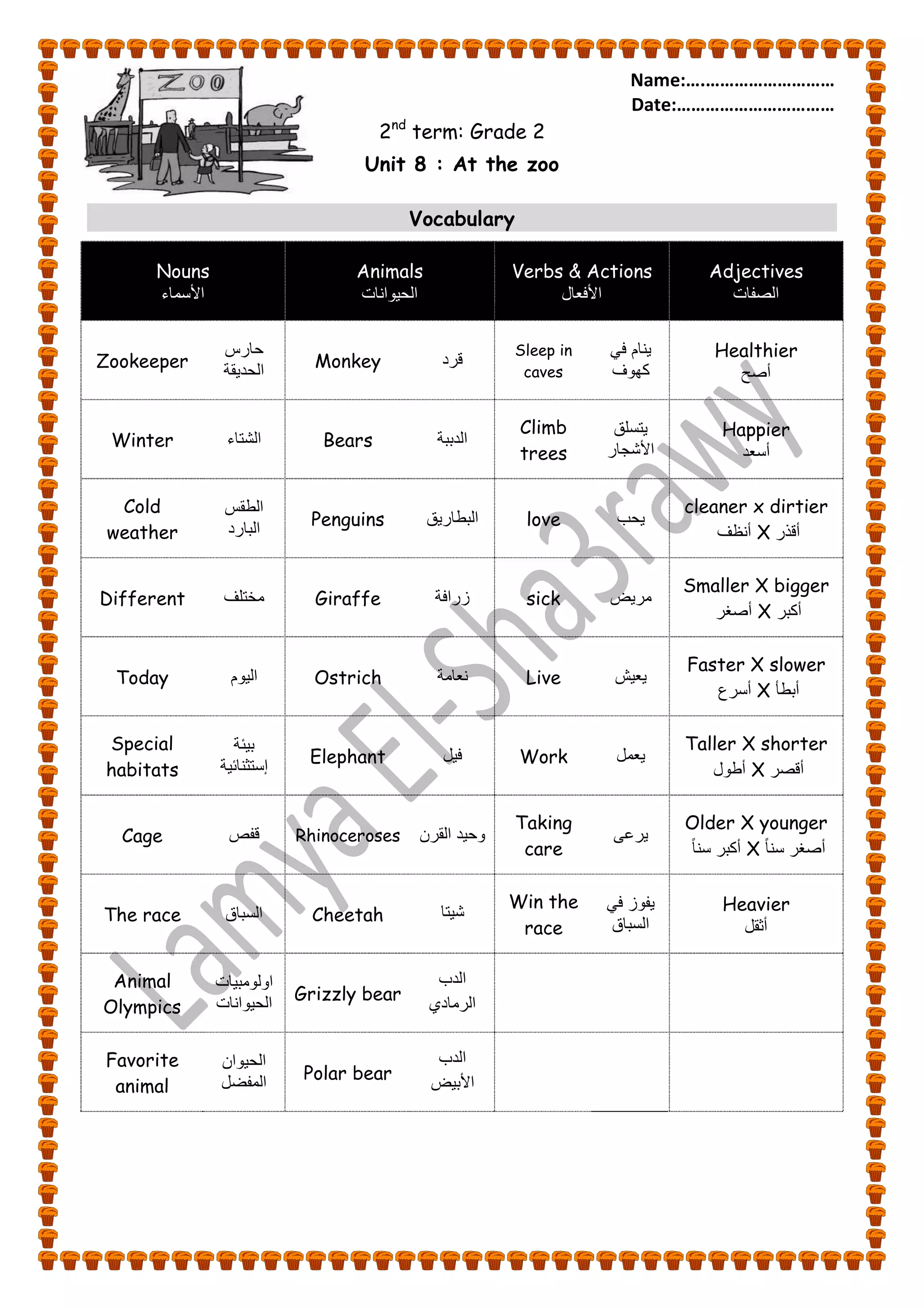 Name:….……………………… 
Date:…………………………… 
Grade 2 (Unit 8) 
2nd term: Grade 2 
Unit 8 : At the zoo 
Vocabulary 
Nouns 
الأسماء 
Animals 
الح وٌانات 
Verbs & Actions 
الأفعال 
Adjectives 
الصفات 
Zookeeper 
حارس 
الحد قٌة Monkey قرد Sleep in 
caves 
نٌام ف كهوف 
Healthier 
أصح 
Winter الشتاء Bears الدببة 
Climb 
trees 
تٌسلق 
الأشجار 
Happier 
أسعد 
Cold 
weather 
الطقس 
البارد Penguins البطار قٌ love حٌب 
cleaner x dirtier 
أنظف X أقذر 
Different مختلف Giraffe زرافة sick مرضٌ 
Smaller X bigger 
أصغر X أكبر 
Today ال وٌم Ostrich نعامة Live عٌ شٌ 
Faster X slower 
أسرع X أبطأ 
Special 
habitats 
ب ئٌة 
إستثنائ ةٌ Elephant ف لٌ Work عٌمل 
Taller X shorter 
أطول X أقصر 
Cage قفص Rhinoceroses وح دٌ القرن 
Taking 
care 
رٌعى 
Older X younger 
أكبر سناً X أصغر سن اً 
The race السباق Cheetah ش تٌا 
Win the 
race 
فٌوز ف السباق 
Heavier 
أثقل 
Animal 
Olympics 
اولومب اٌت 
الح وٌانات Grizzly bear 
الدب 
الرمادي 
Favorite 
animal 
الح وٌان 
المفضل Polar bear 
الدب 
الأبضٌ 
 