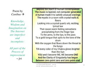 Poem by 	

   Canibus 	

          	

  Knowledge,	

  Wisdom and	

Imagination on 	

  The Internet	

 are imperfect	

      and 	

  incomplete:	

       	

 All part of the 	

   Process of 	

 improvement	

       ~ jvt 	

          	

                        (cc)	
  2013	
  van,ll	
  @	
  gmail	
  .	
  	
  com	
  &	
  	
  	
     22	
  
                       sara	
  @	
  	
  behavioraleconomics	
  .	
  net	
  
 