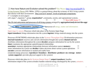 2. How have Nature and Evolution solved this problem? The Weave http://wp.me/p2guJP-7x	

Living Systems Theory [J.G. Miller, 1978] is a general theory about the existence of ALL living systems 	

that interact with their environment. They exist at 8 "nested” levels of principal components:	

(* = examples on next pages)	

cell, organ *, organism *, group, organization*, community, society, and supranational systems.	

                    humans *                          ??           ??        ?? New LIFE forms ?? 	

The 20 vital subsystems and processes of all living systems arranged by aggregation/analysis/corr/des-aggr	

	

            INPUT – THROUGHPUT - OUTPUT               processes of energy, matter and information:	

	

Input stage A: sensors Processes which take place in the Systems Input Stage	

input transducer: brings information into the system ingestor: brings material-energy into the system. 	

	

Processes (FUNCTIONS) which take place in the Systems Throughput Stage B information processes:	

internal transducer: receives and converts information brought into system channel and net: 	

distributes information throughout the system decoder: prepares information for use by the system	

timer: maintains the appropriate spatial/temporal relationships	

associator: maintain appropriate relationships between information sources memory:                ??	

stores information for system use decider: makes decisions about various system operations  ??	

encoder: converts information to needed and usable form 	

((material-energy processes: reproducer: boundary:  distributor: producer: m-e storage:  motor:	

    system supporter: provides physical support to the system))	

	

Processes which take place in the Systems Output Stage C output transducer: handles 	

information output of the system extruder: handles material-energy discharged by the system, actuators. 	

                                         (cc) 2013 vantill @ gmail .com &
                                         sara @ behavioraleconomics .net
                                                                                                          4	

 