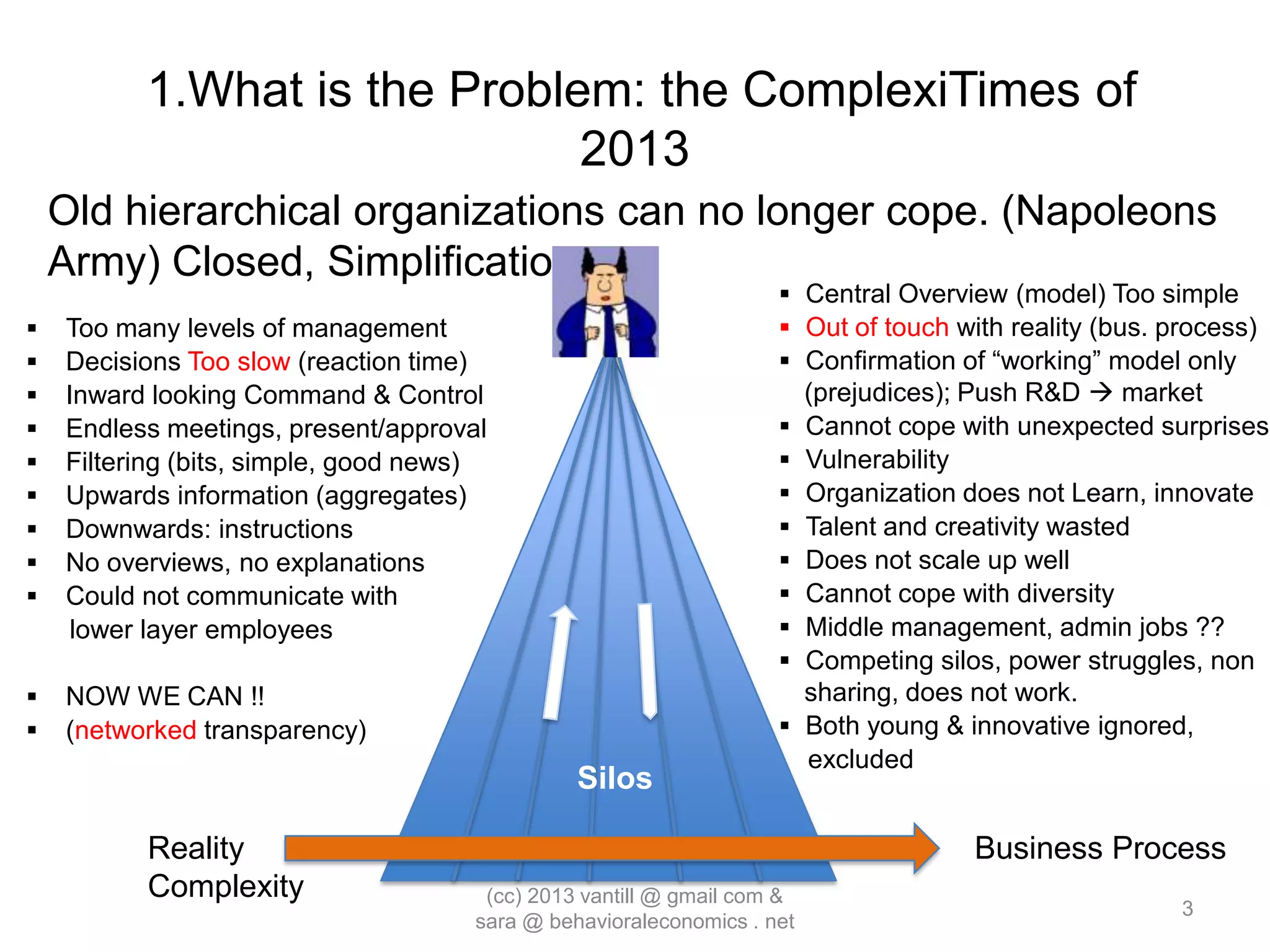 1.What is the Problem: the ComplexiTimes of
                              2013
    Old hierarchical organizations can no longer cope. (Napoleons
    Army) Closed, Simplifications
                                                                     Central Overview (model) Too simple
   Too many levels of management                                    Out of touch with reality (bus. process)
   Decisions Too slow (reaction time)                               Confirmation of “working” model only
   Inward looking Command & Control                                     (prejudices); Push R&D  market
   Endless meetings, present/approval                                  Cannot cope with unexpected surprises
   Filtering (bits, simple, good news)                                 Vulnerability
   Upwards information (aggregates)                                    Organization does not Learn, innovate
   Downwards: instructions                                             Talent and creativity wasted
   No overviews, no explanations                                       Does not scale up well
   Could not communicate with                                          Cannot cope with diversity
     lower layer employees                                              Middle management, admin jobs ??
                                                                        Competing silos, power struggles, non
   NOW WE CAN !!                                                        sharing, does not work.
   (networked transparency)                                            Both young & innovative ignored,
                                                                         excluded
                                                Silos

          Reality                                                                     Business Process
          Complexity                   (cc) 2013 vantill @ gmail com &
                                                                                                       3
                                      sara @ behavioraleconomics . net
 