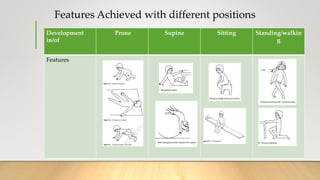 Development
in/of
Prone Supine Sitting Standing/walkin
g
Features
Features Achieved with different positions
 