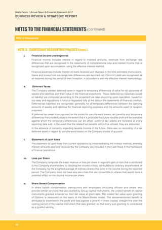 NIS in thousands
44
Shefa Yamim  |  Annual Report & Financial Statements 2017
BUSINESS REVIEW & STRATEGIC REPORT
NOTES TO THE FINANCIAL STATEMENTS (continued)
j. 	 Financial income and expenses
	 Financial income includes interest in regard to invested amounts, revenues from exchange rate
differences that are recognized in the statements of comprehensive loss and interest income that is
recognized upon accumulation, using the effective interest method.
	 Financial expenses include interest on loans received and changes in the time estimates of provisions.
Gains and losses from exchange rate differences are reported net. Costs of credit are recognized as
an expense during the period of their inception, in accordance with the effective interest methodology.
k.	 Deferred Taxes
The Company creates deferred taxes in regard to temporary differences of value for tax purposes of
assets and liabilities and their value in the financial statements. These deferred tax balances (asset
or liability) are computed according to the projected tax rates occurring upon realization, based on
tax rates and regulations in force or legislated fully at the date of the statements of financial position.
Deferred tax liabilities are recognized, generally, for all temporary differences between the carrying
amounts of assets and liabilities for financial reporting purposes and the amounts used for taxation
purposes.
A deferred tax asset is recognized on the books for carryforward losses, tax benefits and temporary
differences that are deductible to the extent that it is probable that future taxable profit will be available
against which the temporary differences can be offset. Deferred tax assets are reviewed at every
reporting date and, in the event that the related tax benefits will not be utilized, they are deducted.
In the absence of certainty regarding taxable income in the future, there was no recording of a tax
deferred asset in regard to carryforward losses on the Company books of account.
		
l.	 Statement of cash flows
The statement of cash flows from current operations is presented using the indirect method, whereby
interest amounts paid and received by the Company are included in the cash flows in the framework
of finance operations.
		
m. 	 Loss per Share
The Company computes the basic revenue or loss per share in regard to gain or loss that is attributed
to the Company shareholders by dividing the income or loss, attributable to ordinary shareholders of
the Company, by the weighted average of ordinary shares that exist in the volume during the reported
period. The Company does not have any securities that are convertible to shares that would have a
potential effect on the diluted income per share.
o. 	 Share Based Compensation
In share based compensation, transactions with employees (including officers and others who
provide similar services) that are cleared by Group capital instruments, the costed benefit of capital
instruments granted is based on their fair value at grant date. The costed fair value upon granting
of Options is measured on the basis of the Black-Sholes model. The abovementioned benefit is
attributed to expenses in the profit and loss against a growth in share capital, straight-line over the
vesting period of the capital instrument that was granted, so that every sub-granting is considered
as a graded vesting.
NOTE 3: SIGNIFICANT ACCOUNTING POLICIES (cont.)
 