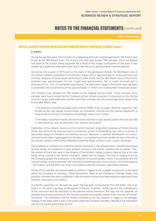 51
-
NIS in thousands_
Shefa Yamim  |  Annual Report & Financial Statements 2017
BUSINESS REVIEW & STRATEGIC REPORT
NOTES TO THE FINANCIAL STATEMENTS(continued)
a. (cont.)
During the last few years, the Company is progressing with bulk samples gathered in the Kishon area
known as the "Mid-Reach Area." The strata in this area have yielded TMA samples, which are shallow
and close to the surface being explored. As a result of the unique construction of this area, it was
chosen as a preferred exploration area that is defined as an approachable Transient Deposit.
During the first quarter of 2015 and on the basis of the geological module, the Mid-Reach area of
the Kishon riverbed constitutes an Exploration Target that is approachable for heavy and precious
minerals. Analysis of initial results performed to date shows that the Mid-Reach area of the Kishon
stretches over approximately 4.5 km. length and approximately 150 m. width (minimal) with a
thickness of 0.5 – 4 m. of mineralized basal gravel. The exploration target in the Kishon area has been
to potentially and conservatively mine approximately 1.1 million tons of potentially mineralized gravel.
The Company has founded the TMA based on two leading mineral suites. These minerals, all or
partially, were found initially by the Company at their primary sources of volcanoes on the Carmel
mountain range, Ramot Menashe and the secondary sources, the alluvial drainage basin areas of the
Kishon Mid-Reach area.	
1.	The precious minerals package known as the HDMC Suite includes: diamond, sapphire, ruby
as well as the rare natural mineral known as moissanite, hibonite and the Carmel Sapphire™, a
mineral that to the best of Company’s knowledge, exists only in Israel.
2.	The heavy industrial minerals include minerals that have a high specific gravity that can be used
in manufacturing, such as Zarconite, rotil, ilmenite and granite.
	 Exploration of the volcanic sources on the Carmel mountain range (that constitute a Primary Source)
shows that some of the sources have a constitution similar to kimberlite (a rock that is a source of
diamonds) based on indicators of kimberlite sources. Moreover, a positive identification of a micro-
diamond by the team of geologists from De Beers, in a sample found and handled by them from one of
the volcanic entities of the Carmel (Rakefet) shows that these, at least in part, contain diamonds.
	 The existence of indicators for kimberlite and for diamonds in the alluvial Kishon riverbed (Secondary
Source) shows the existence of local primary sources in the Kishon riverbed and its seams. Thus,
the erosion of rivers that sank in the streams of the Northern valleys contains material that is thin and
sandy whose source is the Carmel mountains, valleys and its ranges. The map of ranging found by
the Company guides the exploration in the direction of favored places, mainly in accordance with the
mineral findings of the kimberlites. (we note that the diamonds were found mainly in the distal segment
– the erosions of the Kishon river area in accordance with the Company’s geological module).
	 During 2015, scientific discoveries were uncovered in regard to the in-depth construction of the earth
where the Company is operating. These discoveries relate to the Company’s findings (heavy and
precious minerals) that were crystallized under the earth's surface and were raised by outbursts of lava
(volcanic outbursts) to the surface.
	 A scientific exploration for the past two years that has been conducted by Prof. Bill Griffin, who is an
expert on the earth's geology at Macquarie University, Australia, centers around the crystallization
of the corundum and the derivation of the precious stones therefrom, the ruby and the sapphire, as
sampled from primary sources on the Carmel mountain and logically related to the rare natural mineral,
moissanite. The exploration and the results contribute to the key question in regard to the geologic
makeup of the deep earth's area in the zones where the Company operates. Results of the exploration
and its conclusions were shown by Prof.
NOTE 8: ASSETS FOR EXPLORATION AND EVALUATION OF PRECIOUS STONES (cont.)
 