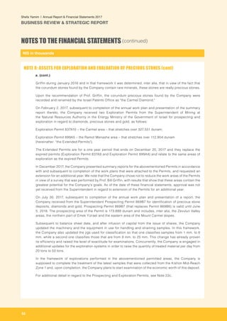 NIS in thousands
52
Shefa Yamim  |  Annual Report & Financial Statements 2017
BUSINESS REVIEW & STRATEGIC REPORT
NOTES TO THE FINANCIAL STATEMENTS (continued)
		 a. (cont.)
Griffin during January 2016 and in that framework it was determined, inter alia, that in view of the fact that
the corundum stones found by the Company contain rare minerals, these stones are really precious stones.
Upon the recommendation of Prof. Griffin, the corundum precious stones found by the Company were
recorded and renamed by the Israel Patents Office as "the Carmel Diamond."
On February 2, 2017, subsequent to completion of the annual work plan and presentation of the summary
report thereto, the Company received two Exploration Permits from the Superintendent of Mining at
the Natural Resources Authority in the Energy Ministry of the Government of Israel for prospecting and
exploration in regard to diamonds, precious stones and gold, as follows:
Exploration Permit 837A10 – the Carmel area – that stretches over 327,551 dunam;
Exploration Permit 899A5 – the Ramot Menashe area – that stretches over 112,904 dunam
(hereinafter: "the Extended Permits").
The Extended Permits are for a one year period that ends on December 20, 2017 and they replace the
expired permits (Exploration Permit 837A9 and Exploration Permit 899A4) and relate to the same areas of
exploration as the expired Permits.
In December 2017, the Company presented summary reports for the abovementioned Permits in accordance
with and subsequent to completion of the work plans that were attached to the Permits, and requested an
extension for an additional year. We note that the Company chose not to reduce the work areas of the Permits
in view of a survey that was performed by Prof. Bill Griffin, with results that show that these areas contain the
greatest potential for the Company's goals. As of the date of these financial statements, approval was not
yet received from the Superintendent in regard to extension of the Permits for an additional year.
On July 30, 2017, subsequent to completion of the annual work plan and presentation of a report, the
Company received from the Superintendent Prospecting Permit 869B7 for identification of precious stone
deposits, diamonds and gold. Prospecting Permit 869B7 (that replaces Permit 869B6) is valid until June
5, 2018. The prospecting area of the Permit is 173,888 dunam and includes, inter alia, the Zevulun Valley
areas, the northern part of Emek Yizrael and the eastern area of the Mount Carmel slopes.
Subsequent to balance sheet date, and after infusion of capital from the issue of shares, the Company
updated the machinery and the equipment in use for handling and straining samples. In this framework,
the Company also updated the jigs used for classification so that one classifies samples from 1 mm. to 8
mm. while a second one classifies those that are from 8 mm. to 25 mm. This change has already proven
its efficiency and raised the level of exactitude for examinations. Concurrently, the Company is engaged in
additional updates for the exploration systems in order to raise the quantity of treated material per day from
20 tons to 50 tons.
In the framework of explorations performed in the abovementioned permitted areas, the Company is
supposed to complete the treatment of the latest samples that were collected from the Kishon Mid-Reach
Zone 1 and, upon completion, the Company plans to start examination of the economic worth of this deposit.
For additional detail in regard to the Prospecting and Exploration Permits, see Note 22c.
NOTE 8: ASSETS FOR EXPLORATION AND EVALUATION OF PRECIOUS STONES (cont)
 