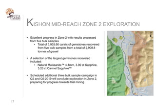 KISHON MID-REACH ZONE 2 EXPLORATION
17	
•  Excellent progress in Zone 2 with results processed
from five bulk samples
•  Total of 3,935.60 carats of gemstones recovered
from five bulk samples from a total of 2,908.8
tonnes of gravel
•  A selection of the largest gemstones recovered
included:
•  Natural Moissanite™ 4.1mm, 3.90 ct Sapphire,
5.26 ct Carmel Sapphire™
•  Scheduled additional three bulk sample campaign in
Q2 and Q3 2019 will conclude exploration in Zone 2,
preparing for progress towards trial mining
 