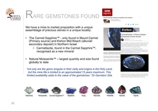 RARE GEMSTONES FOUND
20	
We have a mine to market proposition with a unique
assemblage of precious stones in a unique locality:
•  The Carmel Sapphire™ - only found in Mount Carmel
(Primary source) and Kishon Mid-Reach (alluvial/
secondary deposit) in Northern Israel
•  Carmeltazite, found in the Carmel Sapphire™,
recognised as a new mineral
•  Natural Moissanite™ – largest quantity and size found
globally to date
“not only are the gems singular in their rarity and origins in the Holy Land,
but the mine life is limited to an approximated 15 years maximum. This
limited availability adds to the value of the gemstones.” Dr Gavrielov Gila
 