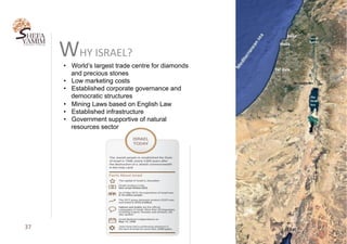 37	
WHY	ISRAEL?
•  World’s largest trade centre for diamonds
and precious stones
•  Low marketing costs
•  Established corporate governance and
democratic structures
•  Mining Laws based on English Law
•  Established infrastructure
•  Government supportive of natural
resources sector
 