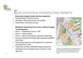 EXPLORATION & PROSPECTING PERMITS
6	
Exploration targets divided into three segments:
•  Proximal-Reach: Primary sources
•  Mid-Reach: Secondary sources (accessible)
•  Distal-Reach: Secondary sources
Mid-Reach divided into three zones at different stages
of development:
•  Zone 1 – Prospecting Licence + TEE
•  Zone 2 – Partly explored
•  Zone 3 – Still to be delineated, exploration target level
•  Company follows the internationally recognised SAMREC
2016 Code
•  Coloured gemstones found throughout the exploration
and prospecting areas
•  Initial focus on Kishon Mid-Reach deposit where the
exploration of an accessible placer formation is most
advanced
Exploration	and	prospecting	permits	covering	60,000	hectares		
centred	on	Mount	Carmel	and	the	Kishon	river	catchment.	
Shefa	Yamim	granted	its	first	Prospecting	Licence,	over	its	
alluvial	exploration	target,	the	Kishon	Mid-Reach	Zone	1	
Project.		
 