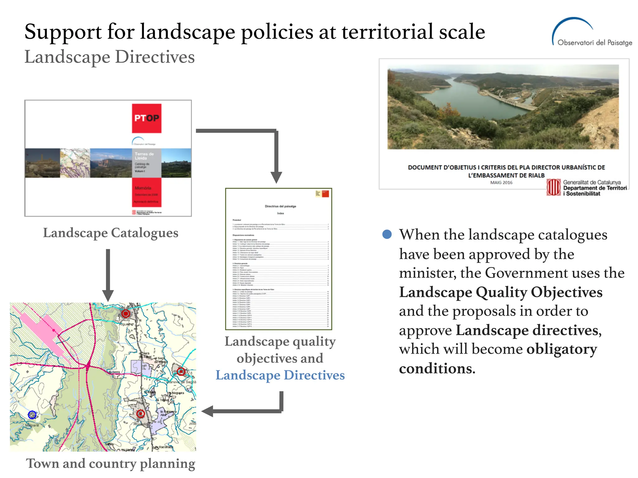 Landscape Catalogues
Landscape quality
objectives and
Landscape Directives
Town and country planning
When the landscape catalogues
have been approved by the
minister, the Government uses the
Landscape Quality Objectives
and the proposals in order to
approve Landscape directives,
which will become obligatory
conditions.
Support for landscape policies at territorial scale
Landscape Directives
 