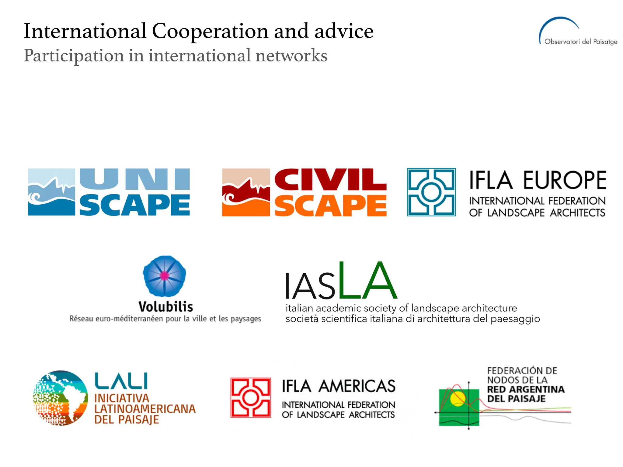 International Cooperation and advice
Participation in international networks
 