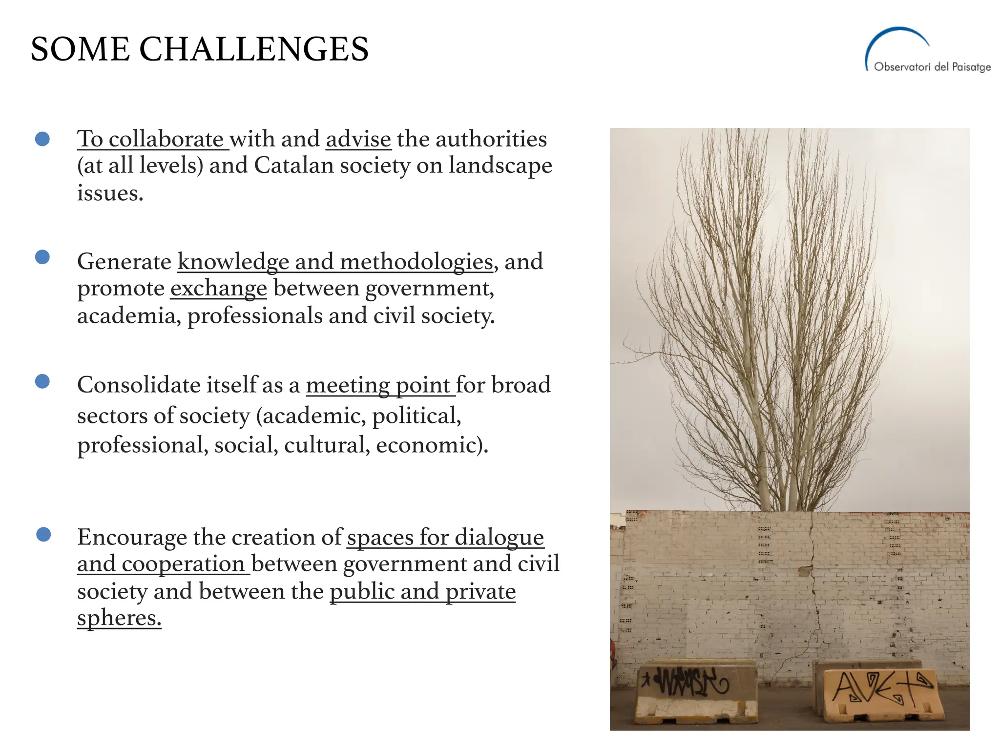 To collaborate with and advise the authorities
(at all levels) and Catalan society on landscape
issues.
Generate knowledge and methodologies, and
promote exchange between government,
academia, professionals and civil society.
Consolidate itself as a meeting point for broad
sectors of society (academic, political,
professional, social, cultural, economic).
Encourage the creation of spaces for dialogue
and cooperation between government and civil
society and between the public and private
spheres.
SOME CHALLENGES
 