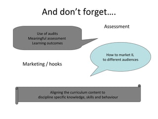 And don’t forget…. Use of audits Meaningful assessment  Learning outcomes How to market IL  to different audiences Assessm...