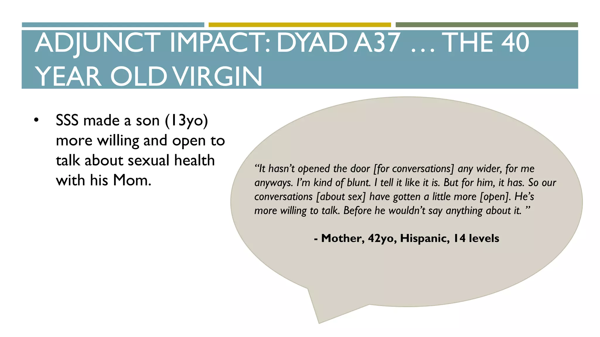 ADJUNCT IMPACT: DYAD A37 … THE 40
YEAR OLDVIRGIN
“It hasn’t opened the door [for conversations] any wider, for me
anyways. I’m kind of blunt. I tell it like it is. But for him, it has. So our
conversations [about sex] have gotten a little more [open]. He’s
more willing to talk. Before he wouldn’t say anything about it. ”
- Mother, 42yo, Hispanic, 14 levels
• SSS made a son (13yo)
more willing and open to
talk about sexual health
with his Mom.
 