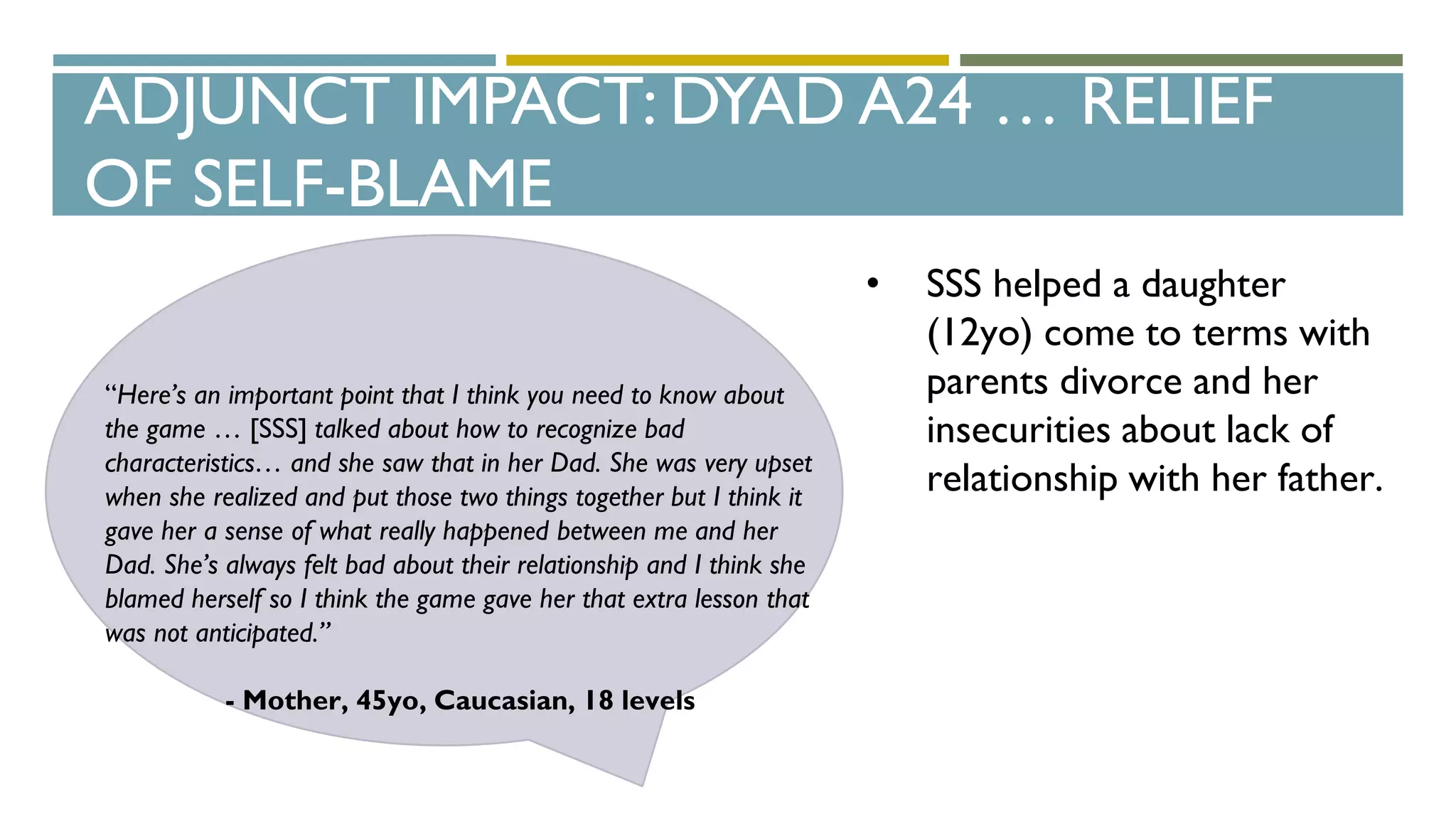 ADJUNCT IMPACT: DYAD A24 … RELIEF
OF SELF-BLAME
• SSS helped a daughter
(12yo) come to terms with
parents divorce and her
insecurities about lack of
relationship with her father.
“Here’s an important point that I think you need to know about
the game … [SSS] talked about how to recognize bad
characteristics… and she saw that in her Dad. She was very upset
when she realized and put those two things together but I think it
gave her a sense of what really happened between me and her
Dad. She’s always felt bad about their relationship and I think she
blamed herself so I think the game gave her that extra lesson that
was not anticipated.”
- Mother, 45yo, Caucasian, 18 levels
 
