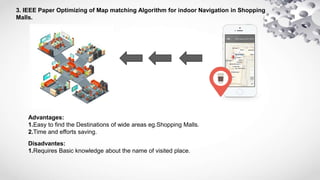 3. IEEE Paper Optimizing of Map matching Algorithm for indoor Navigation in Shopping
Malls.
Advantages:
1.Easy to find the Destinations of wide areas eg.Shopping Malls.
2.Time and efforts saving.
Disadvantes:
1.Requires Basic knowledge about the name of visited place.
 