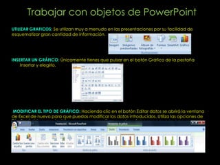 Trabajar con objetos de PowerPoint
UTILIZAR GRAFICOS: Se utilizan muy a menudo en las presentaciones por su facilidad de
esquematizar gran cantidad de información.




INSERTAR UN GRÁFICO: Únicamente tienes que pulsar en el botón Gráfico de la pestaña
    Insertar y elegirlo.




MODIFICAR EL TIPO DE GRÁFICO: Haciendo clic en el botón Editar datos se abrirá la ventana
de Excel de nuevo para que puedas modificar los datos introducidos. Utiliza las opciones de
Diseño rápido para decidir con unos pocos clics aspectos
 