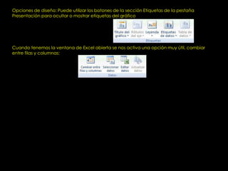 Opciones de diseño: Puede utilizar los botones de la sección Etiquetas de la pestaña
Presentación para ocultar o mostrar etiquetas del gráfico




Cuando tenemos la ventana de Excel abierta se nos activa una opción muy útil, cambiar
entre filas y columnas:
 