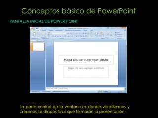 Conceptos básico de PowerPoint
PANTALLA INICIAL DE POWER POINT




    La parte central de la ventana es donde visualizamos y
    creamos las diapositivas que formarán la presentación .
 